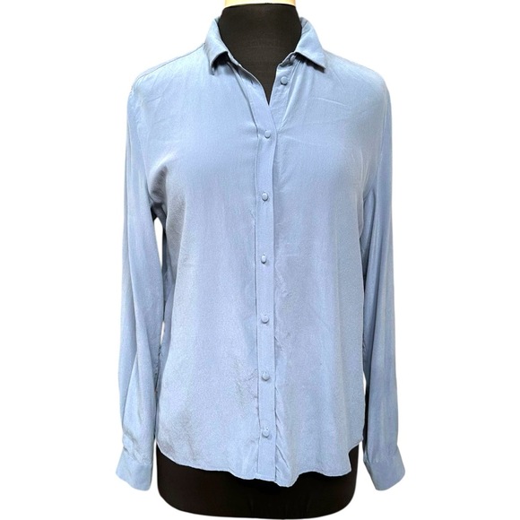 Sezane Blue 100 Percent Silk Long Sleeve Shirt Collar ButtonUp Blouse Size 38 - Picture 5 of 10